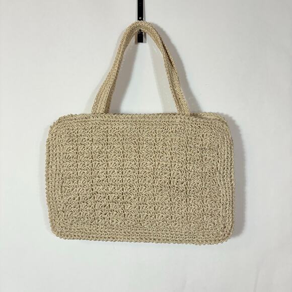 Vintage Crochet Purse Handbag Tan Retro Japan Lined Natural Handmade Two Section - Picture 4 of 11